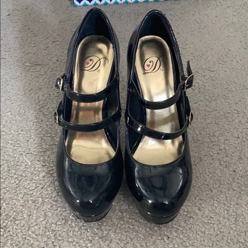 Dollhouse Black Patent Double-Strap Mary Jane Platform Heels
